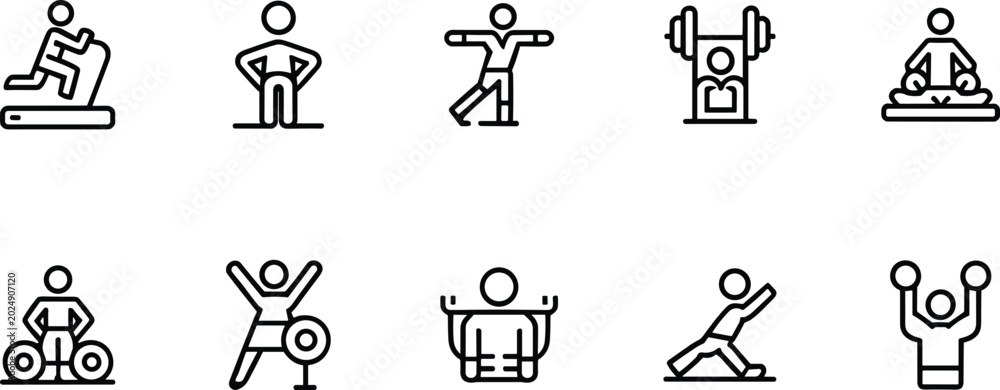 Obraz premium Gym Equipment, Fitness Training and Wellness Line Icon Pack