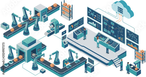 A futuristic factory scene depicts automated robotic arms assembling products on a production line with various machines and screens displaying data in an industrial setting.