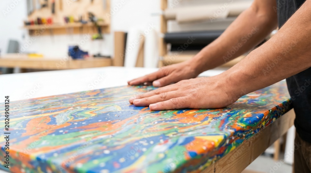 Obraz premium Artisan running hands over a colorful textured board made from melted recycled plastic