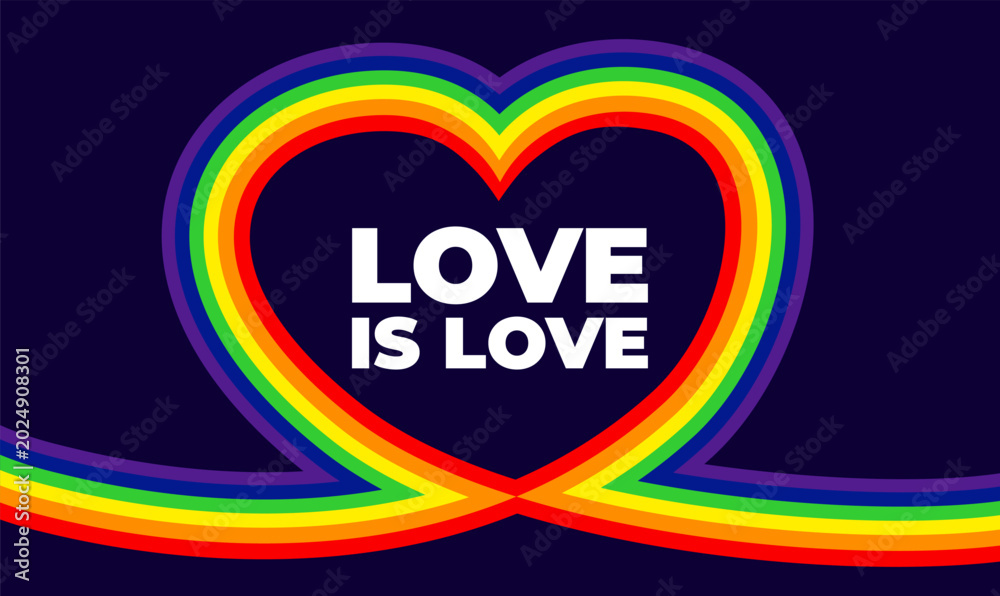 Fototapeta premium Minimalist love is love typographic banner with neon rainbow outline, elegant continuous line heart vector illustration on a dark background, poetic pride concept design