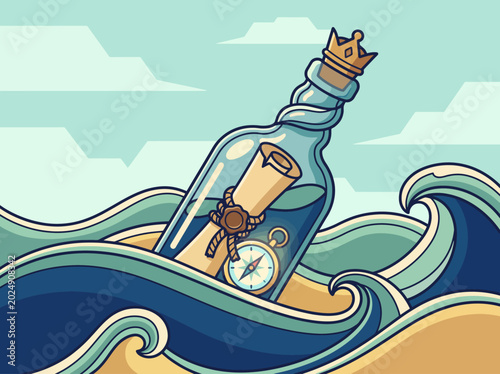 Photos A striking illustration of a bottle floating on water, containing a compass and message, symbolizing adventure, discovery, and the allure of the sea
