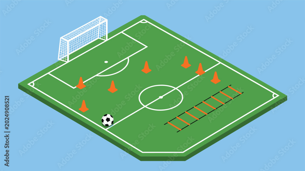 Obraz premium Isometric soccer field illustration featuring training equipment like traffic cones and an agility ladder for practice