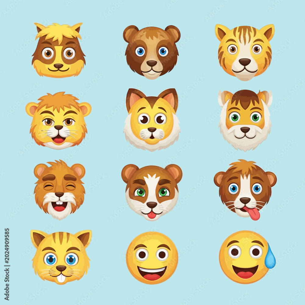 Fototapeta premium Variety of emoticon animal faces.