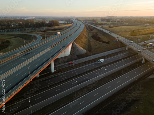 Photography Aerial drone view of a major highway junction in Poland