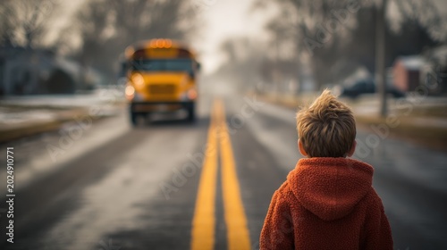 Young child wearing a cozy red jacket waiting on the street as a yellow school bus approaches in the early morning quiet neighborhood scene