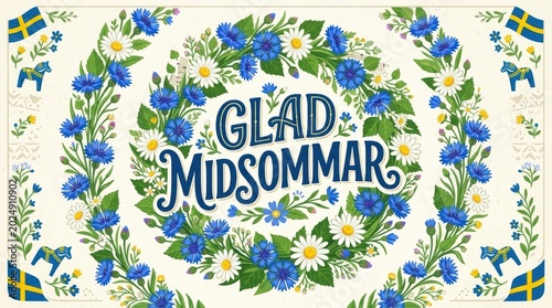 A commercial Swedish Midsummer greeting card with giant “Glad Midsommar” lettering encircled by a lush botanical wreath of daisies and cornflowers, fresh Scandinavian summer palette