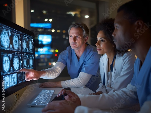 Professional medical consultants reviewing detailed neurological imaging on a screen during a night shift in a modern urban healthcare facility