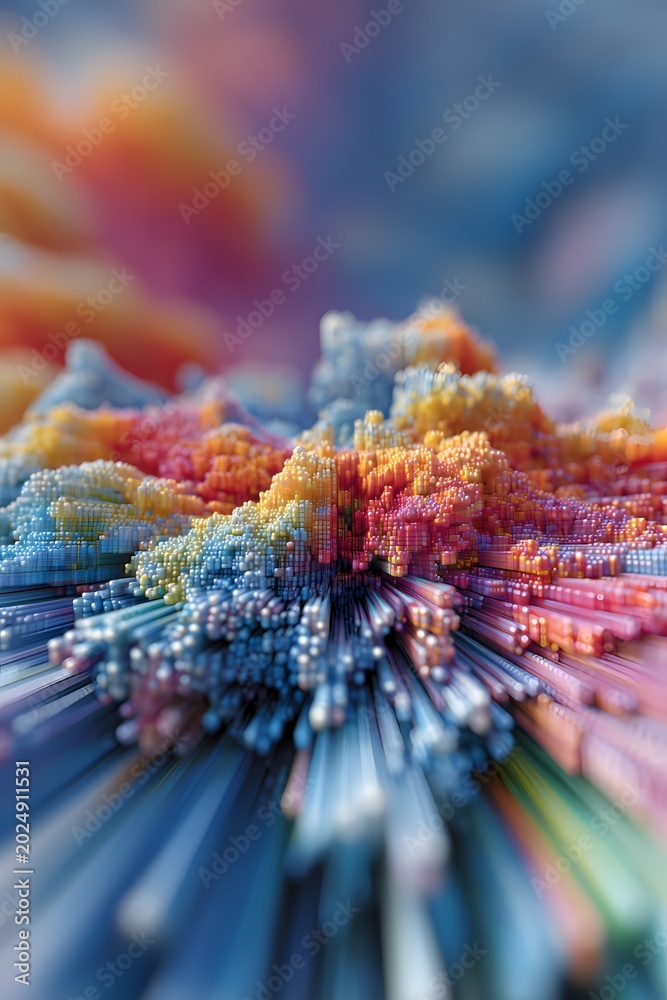 Obraz premium Complex 3D abstract structure of multicolored voxel pillars erupting in a dynamic explosion of color and form