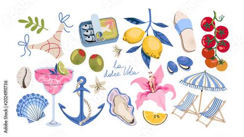 Cartoon Italian summer clip art. La Dolce Vita Set a bright hand-drawn vector collection. Vacation, beach season, olives, lemons, seafood, cocktails. Bright summer elements and shapes. Trendy doodle m