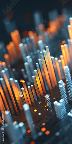 Abstract 3D visualization of digital data bars with glowing orange and blue metallic pillars on a dark background