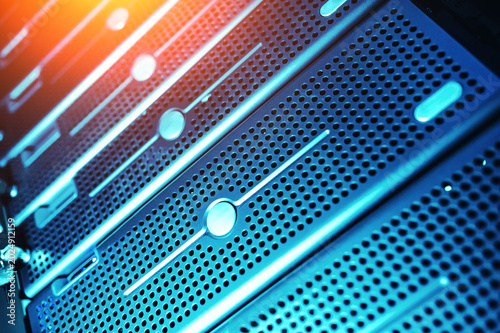 Plakat Futuristic glowing server front panel Abstract technology background representing cybersecurity web hosting and network infrastructure.