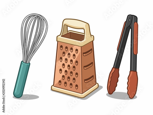 Φωτογραφία This image showcases essential kitchen utensils like a whisk, cheese grater, and tongs, representing the art of cooking and culinary creativity