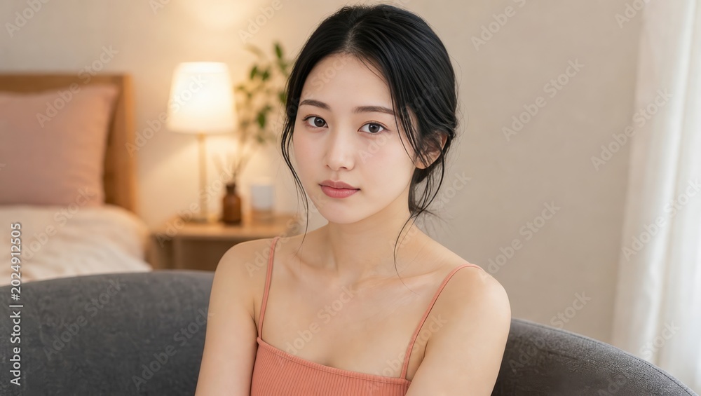 Naklejka premium 自然光のソファで笑顔を見せるタンクトップ20代女性の全身