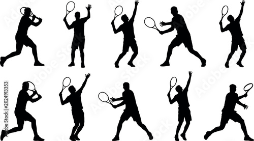 Schilderij op canvas Tennis Player Silhouette Collection Featuring Serving, Running, and Racket Swing