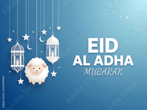 Eid Al Adha Mubarak greeting card design with cute cartoon sheep and hanging lanterns on a blue background