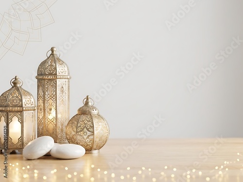 Decorative golden moroccan lanterns arranged on wooden table for festive ramadan celebration with copy space