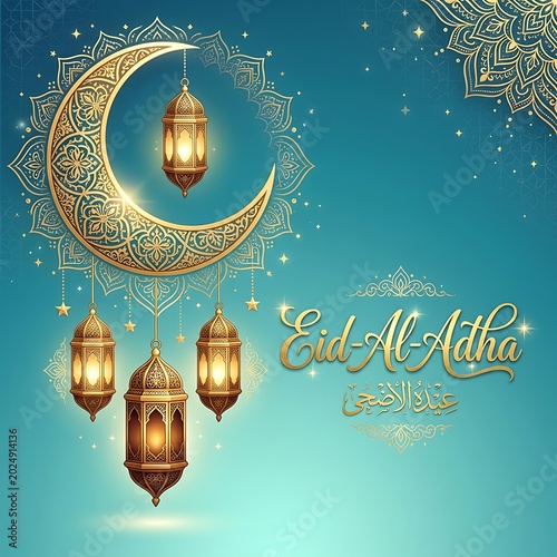 Golden crescent moon with decorative lanterns for islamic eid aladha celebration background