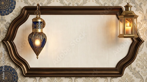 Ornate rectangular frame with traditional islamic lanterns on patterned vintage wallpaper background