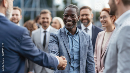 A smiling businessman shakes hands with a colleague during an outdoor corporate networking event among diverse professionals.