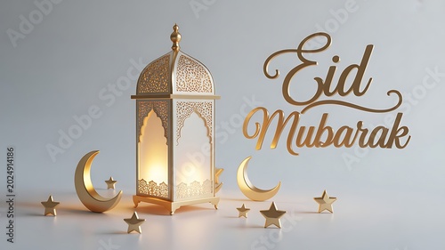 Decorative gold lantern with crescent moons and stars for Eid Mubarak celebration greeting