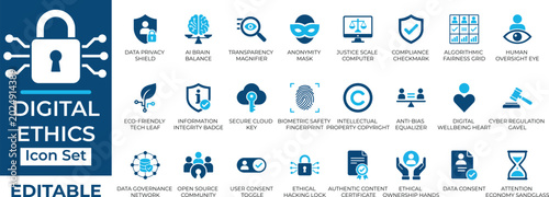 Digital ethics, AI fairness and data privacy vector icon set. Includes cybersecurity, compliance and cyber law editable symbols.
