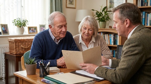 Senior couple sitting at desk discussing retirement plans with financial advisor reading document