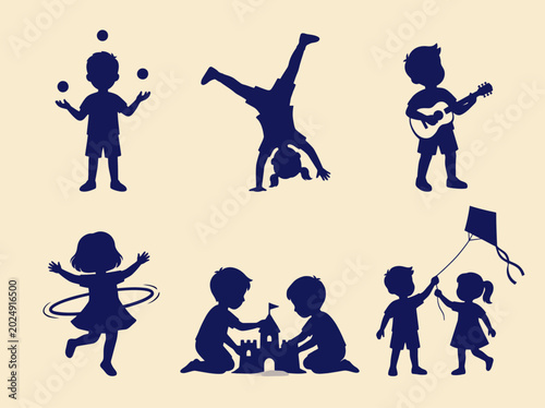 Photos Silhouettes of children participating in playful activities like juggling, hula hooping, and playing guitar, representing the joy of childhood and creative exploration