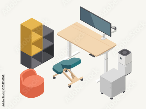 A contemporary office layout featuring ergonomic furniture, including a sit-stand desk, stylish shelving units, and a cozy chair enhancing productivity and comfort.