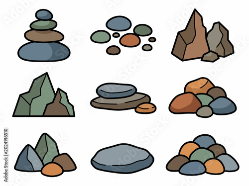This engaging collection of stylized rocks and stones features various shapes and colors, capturing the essence of natural rock formations and the beauty of geological features.