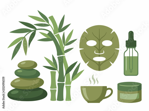 A peaceful spa setting illustrated with green bamboo, soothing stones, and aromatherapy products, emphasizing relaxation and the essence of self-care in wellness practices.