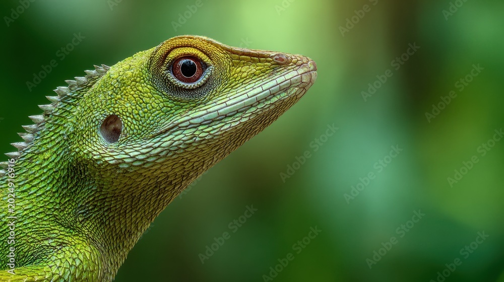 Obraz premium Detailed portrait of a green lizard with intricate textured scales and a vivid eye set against a softly blurred natural green background