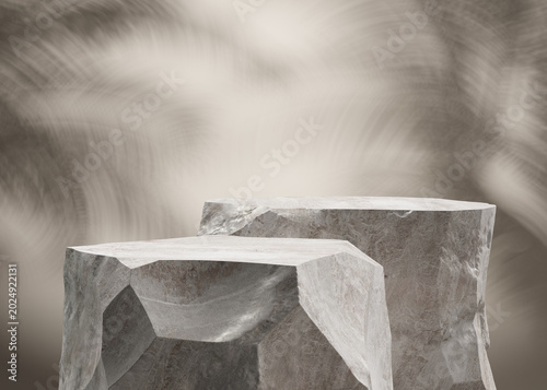 Stone slabs are arranged in a stacked formation. Stone slab, stone podium for display product. Shadow of a palm tree in the background.  