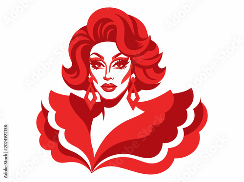 Obraz na płótnie This vibrant and eye-catching illustration features a confident drag queen with striking makeup, glamorous earrings, and a bold red outfit, capturing vibrancy and artistry