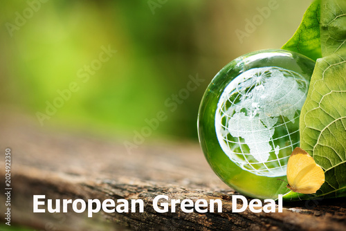 European Green Deal text and icons on natural background.