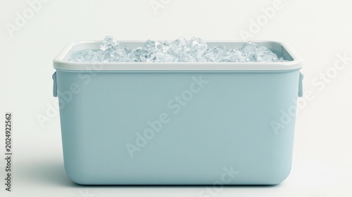 A cooler sits on white with ice inside.