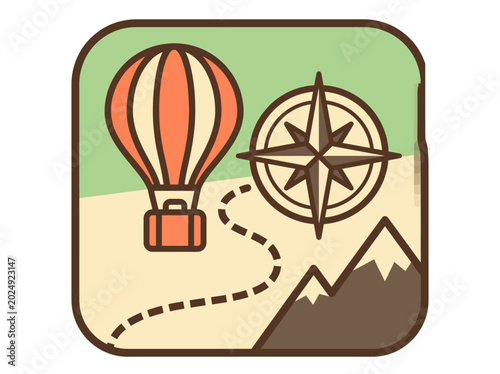 Bilde på lerret A stylish adventure icon featuring a hot air balloon and compass, set against a soft background, representing exploration and a journey of discovery for aspiring adventurers