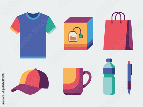 Cuadro en lienzo This vibrant image showcases a collection of apparel and accessories including a shirt, cap, bag, and mug, perfect for retail or promotional use on your stock website