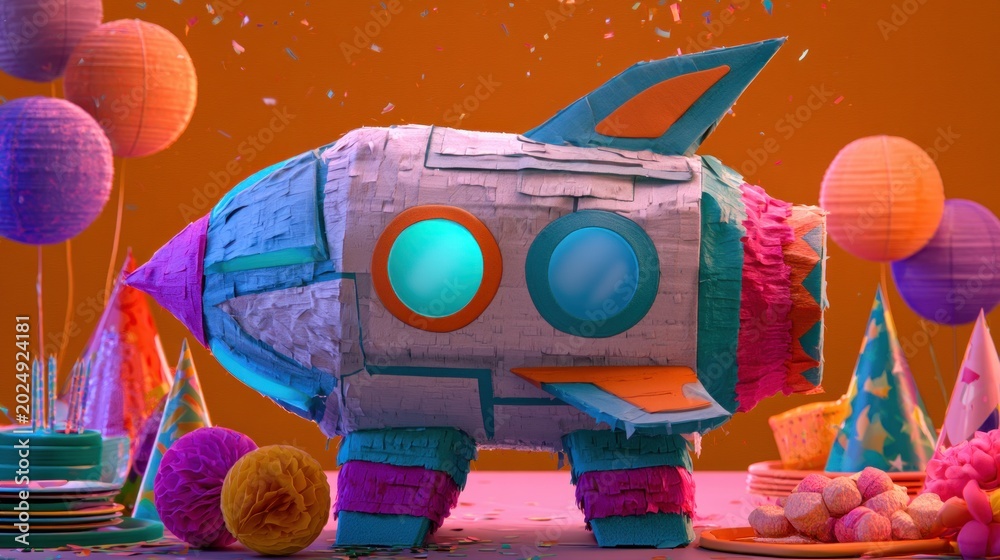 Naklejka premium Spaceship-shaped pinata and party items sit on a table with an orange backdrop.
