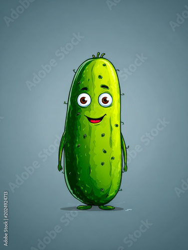Happy animated green cucumber character with friendly eyes and a cheerful smile standing alone on a plain background for kids entertainment and education