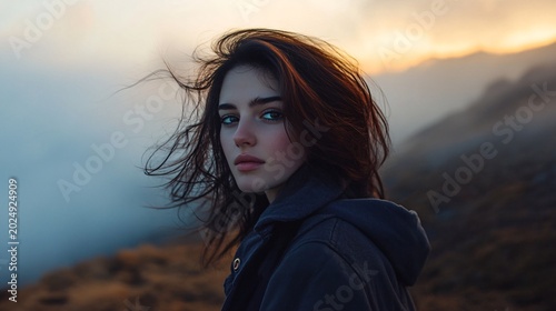 Beautiful Young Woman with Red Hair in Nature at Sunset
