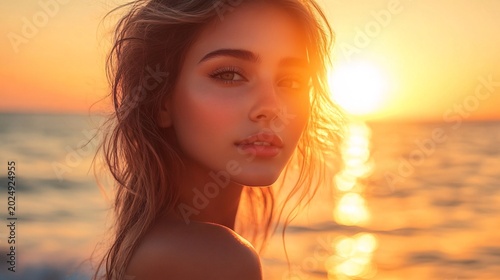 Beautiful Woman with Wavy Hair Enjoying Sunset by Ocean Shore