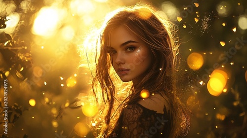 Beautiful young woman with long hair in warm sunlight forest background