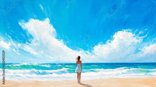 Woman Standing at the Beach Shore Under Bright Blue Sky with Clouds