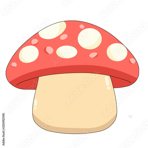Whimsical cartoon mushroom illustration with bold red cap and playful spotted design