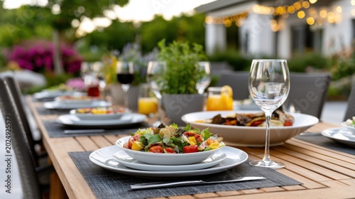 Outdoor dining table set for family gathering with colorful salads, drinks, and elegant glassware, surrounded by greenery and decorative lights in the background