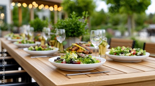 Outdoor dining table set with multiple plates of fresh salad, glasses, and greenery, creating an inviting atmosphere for family gatherings in a garden setting