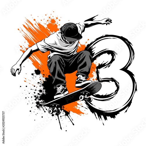Dynamic black and orange skateboarder performing midair trick with motion swirls