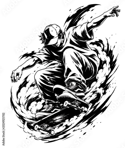 Dynamic black and white skateboarder performing aerial trick with motion swirls