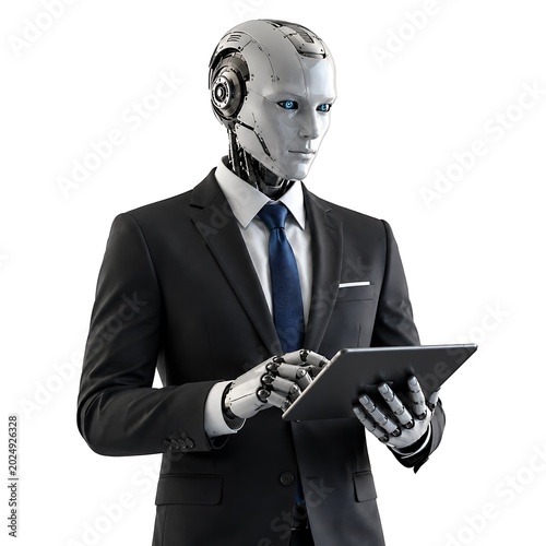 Futuristic silver humanoid robot in business suit holding digital tablet