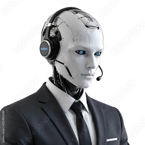 Futuristic silver humanoid robot with headset wearing a dark suit and tie